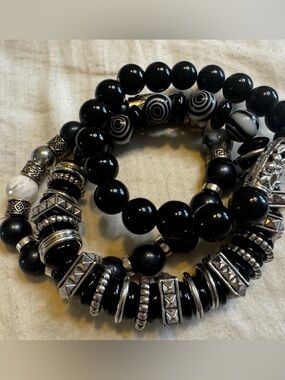 Trio Of Black & Silver Tone Stretchy Chunky Bracelets
